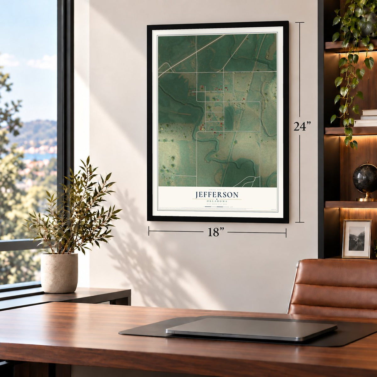 Jefferson, Oklahoma map, 18 x 24 inch print in a black frame in a home office