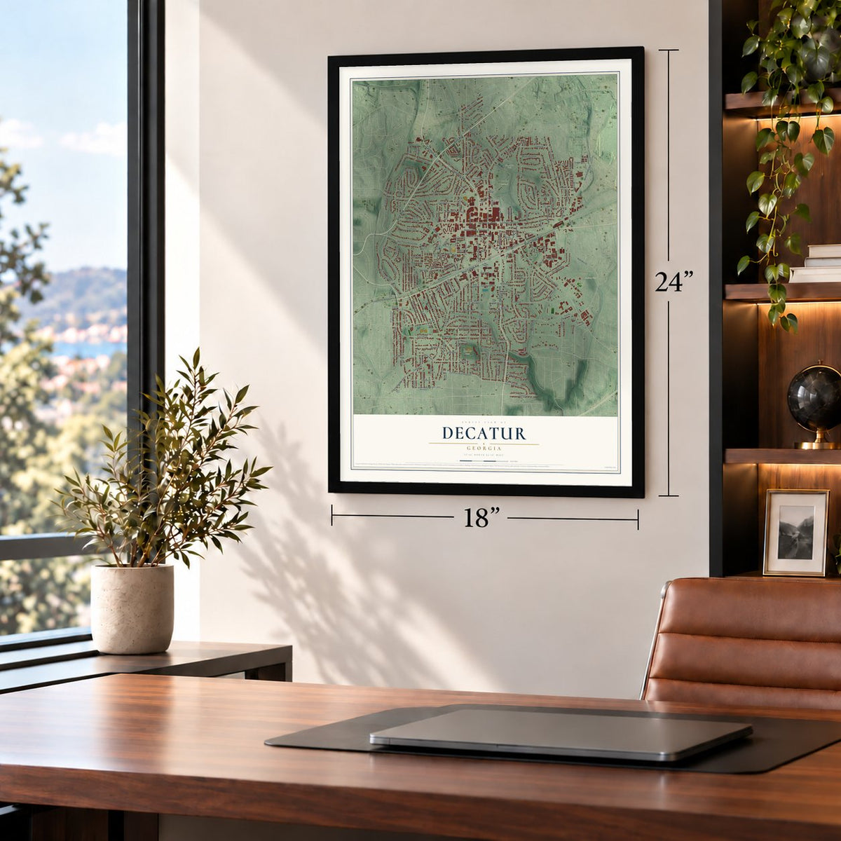 Decatur, Georgia map, 18 x 24 inch print in a black frame in a home office