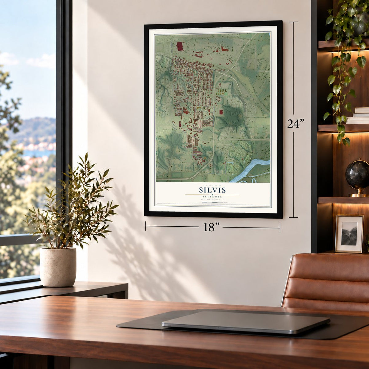 Silvis, Illinois map, 18 x 24 inch print in a black frame in a home office