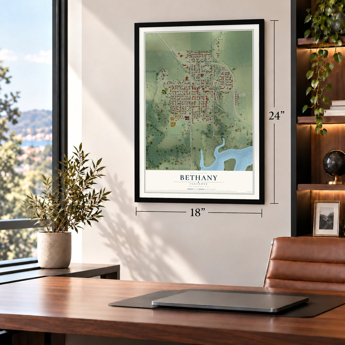 Bethany, Illinois map, 18 x 24 inch print in a black frame in a home office