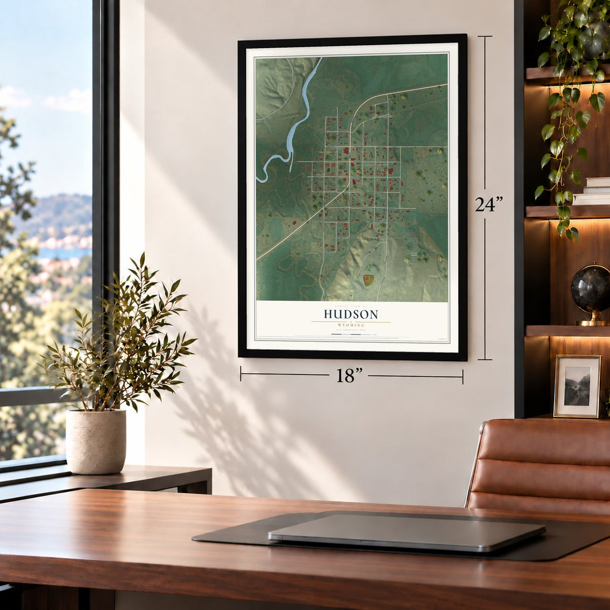 Hudson, Wyoming map, 18 x 24 inch print in a black frame in a home office