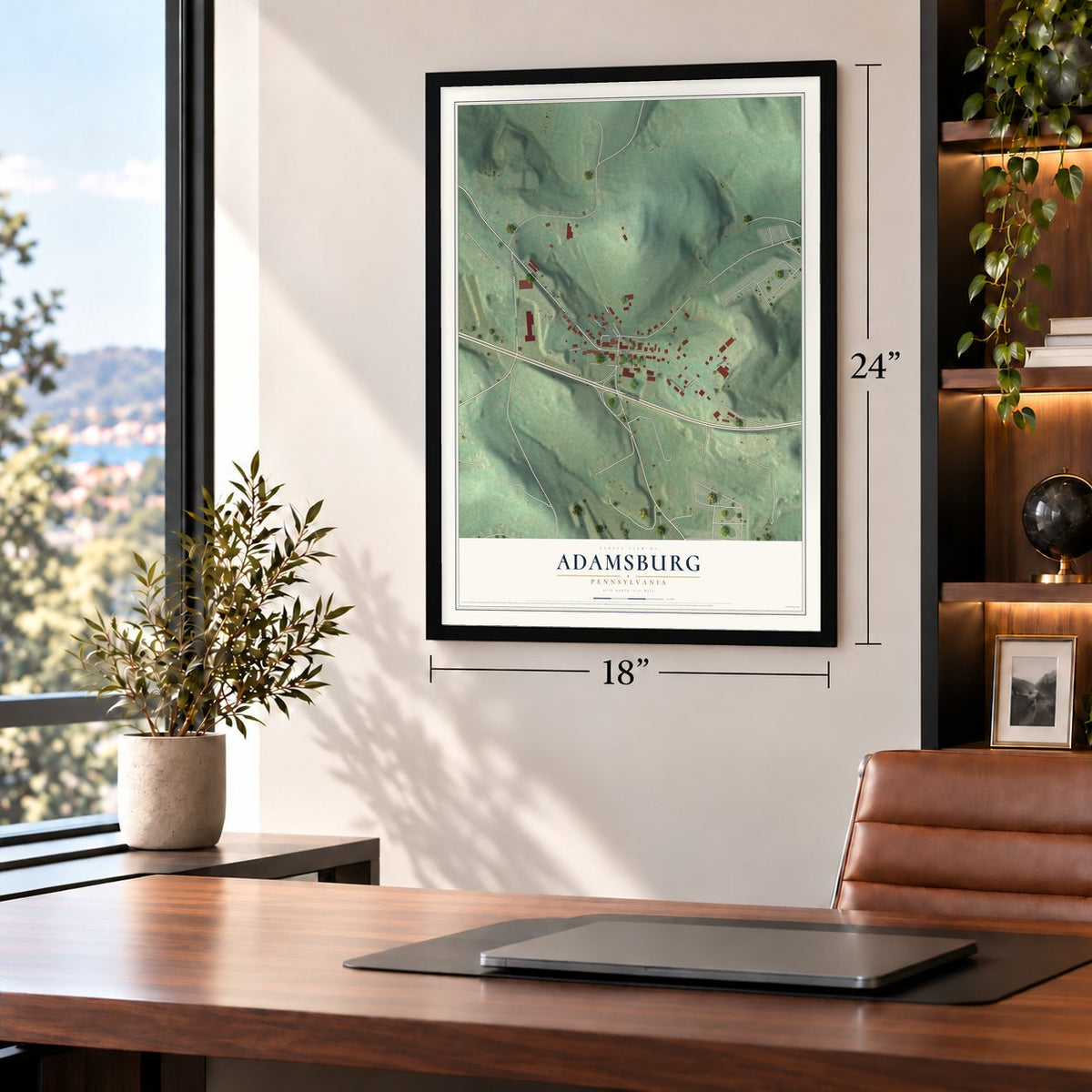 Adamsburg, Pennsylvania map, 18 x 24 inch print in a black frame in a home office