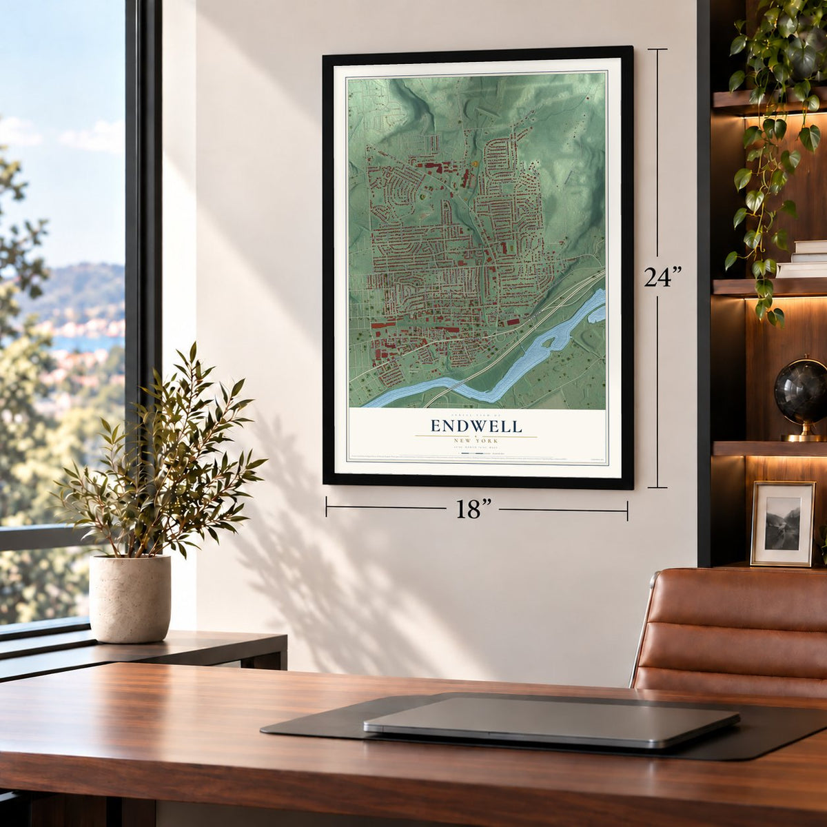 Endwell, New York map, 18 x 24 inch print in a black frame in a home office