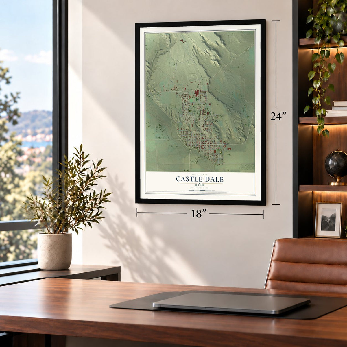Castle Dale, Utah map, 18 x 24 inch print in a black frame in a home office