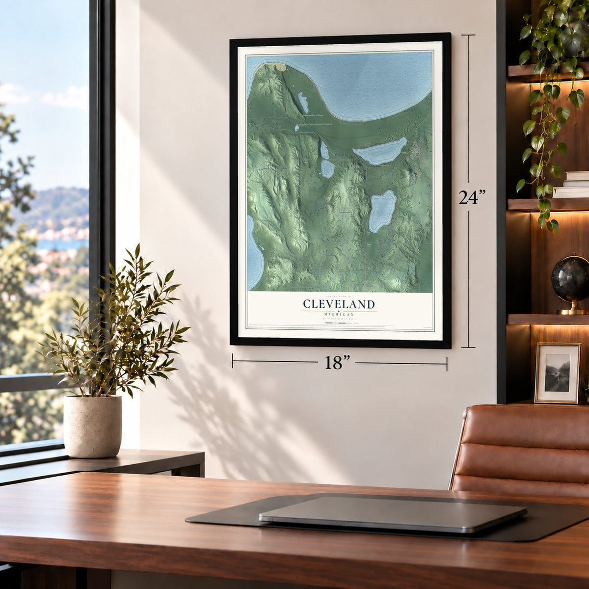 Cleveland, Michigan map, 18 x 24 inch print in a black frame in a home office
