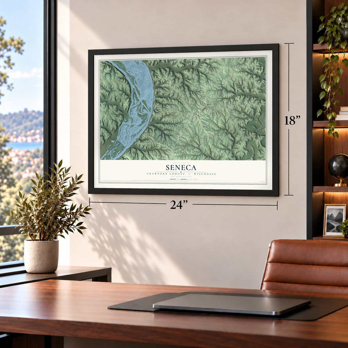 Seneca, Crawford County, Wisconsin map, 18 x 24 inch print in a black frame in a home office