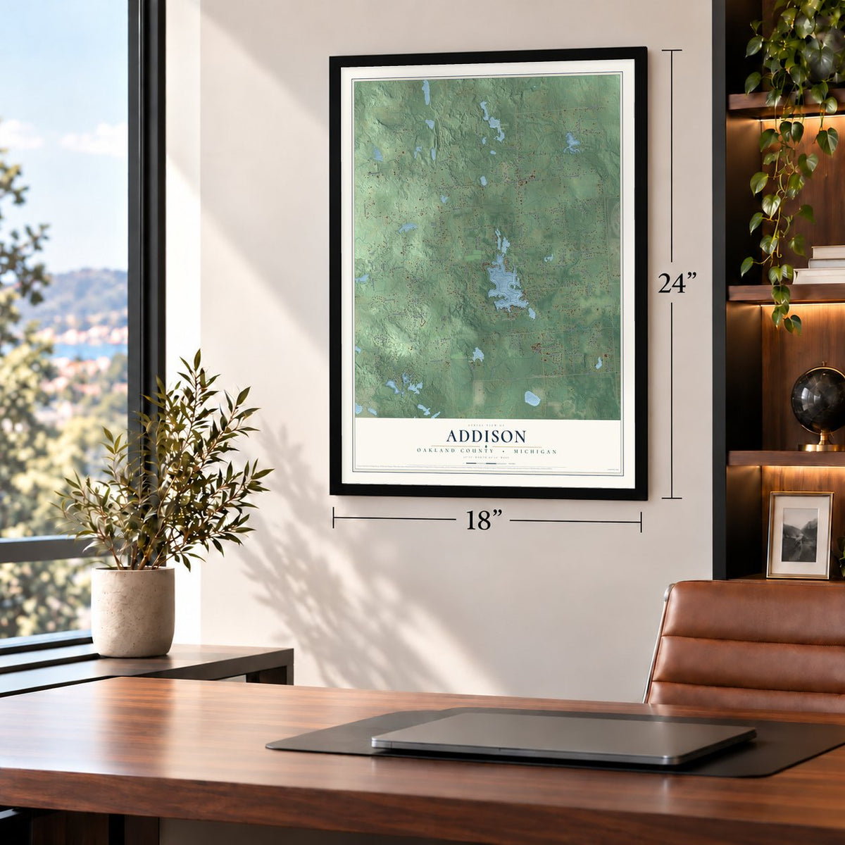 Addison, Oakland County, Michigan map, 18 x 24 inch print in a black frame in a home office