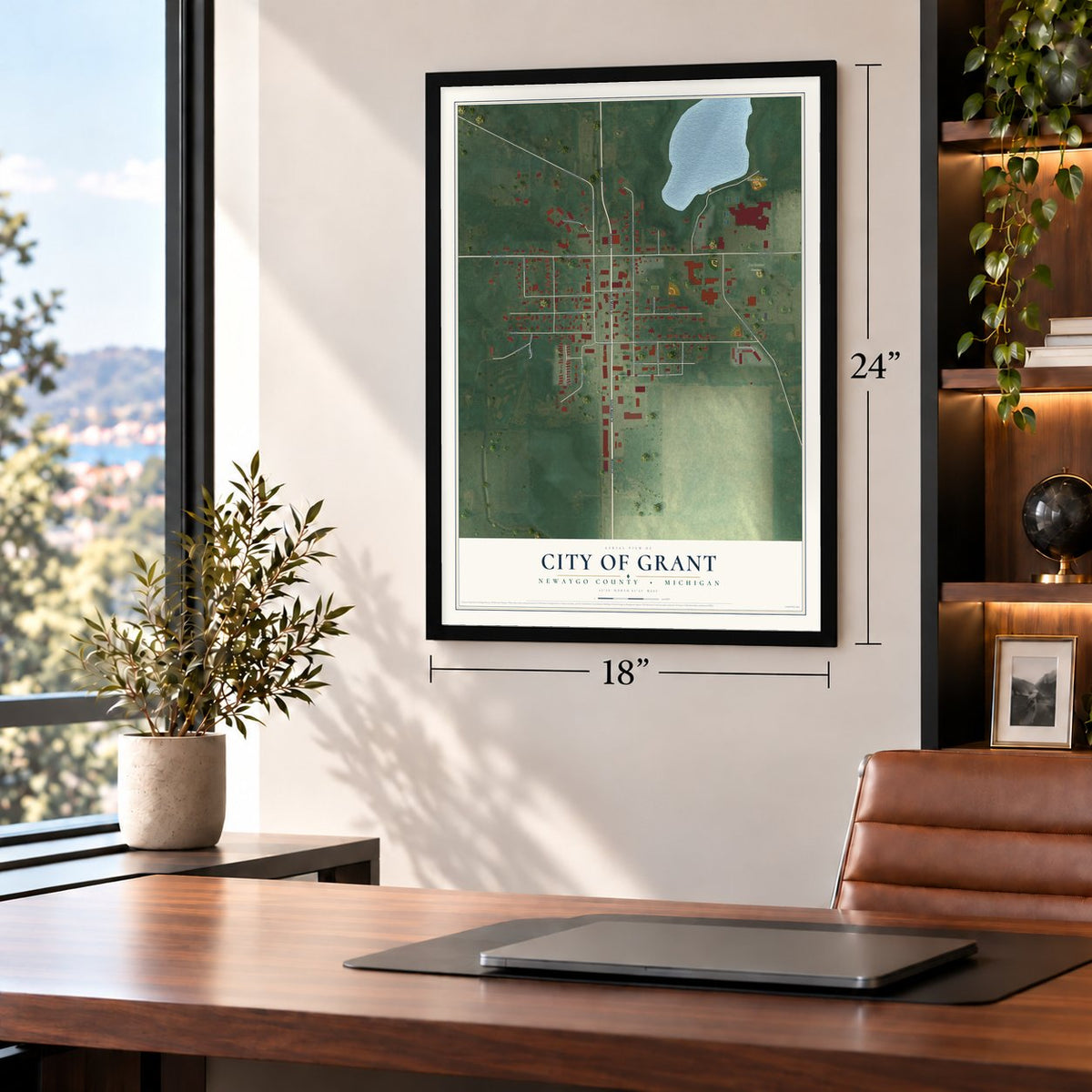 Grant, Michigan map, 18 x 24 inch print in a black frame in a home office