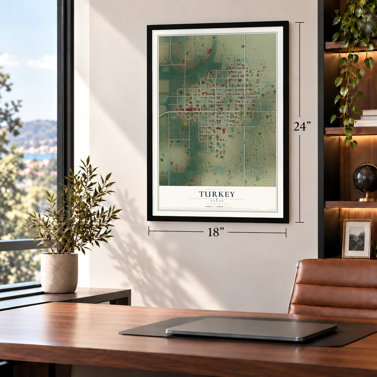 Turkey, Texas map, 18 x 24 inch print in a black frame in a home office