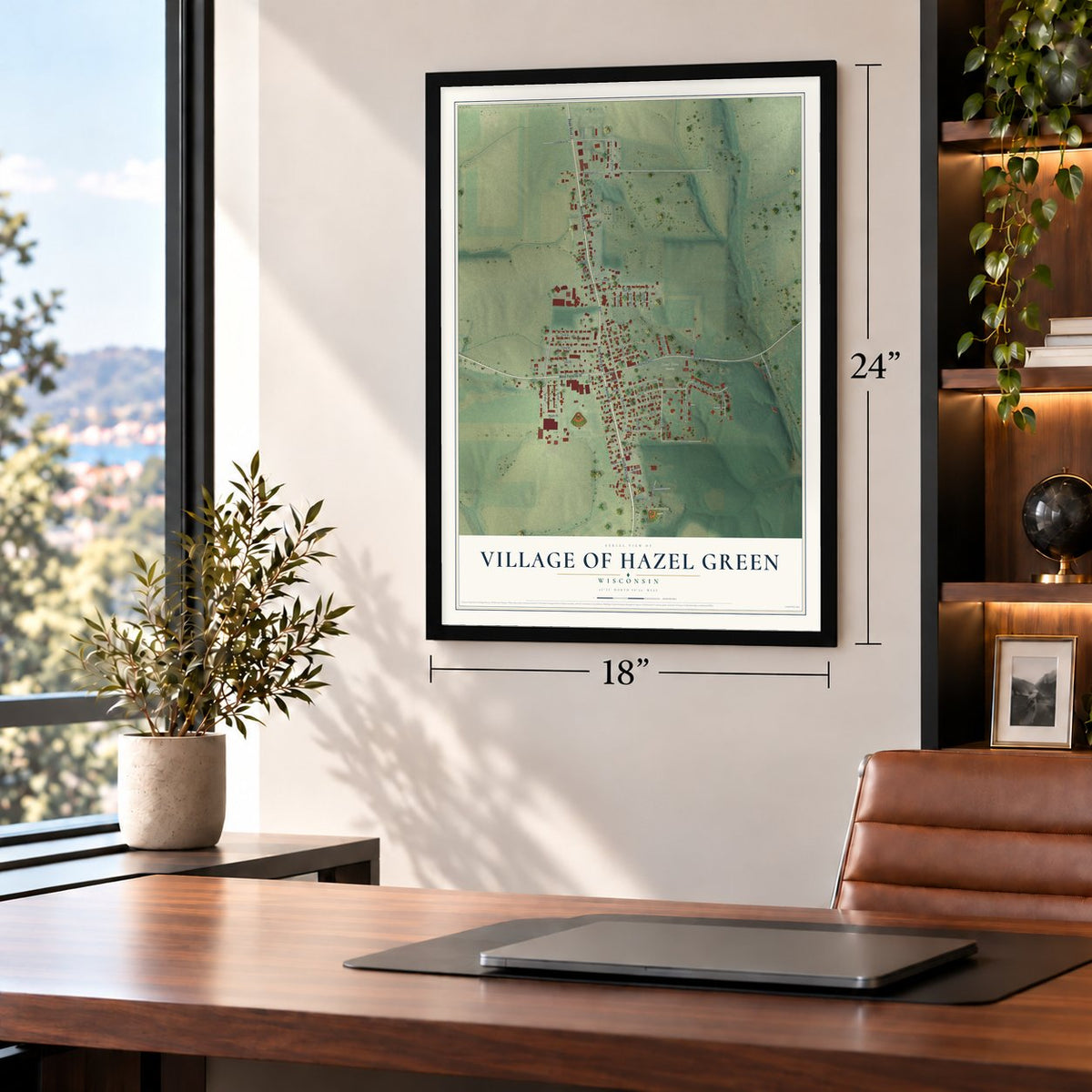 Hazel Green, Wisconsin map, 18 x 24 inch print in a black frame in a home office