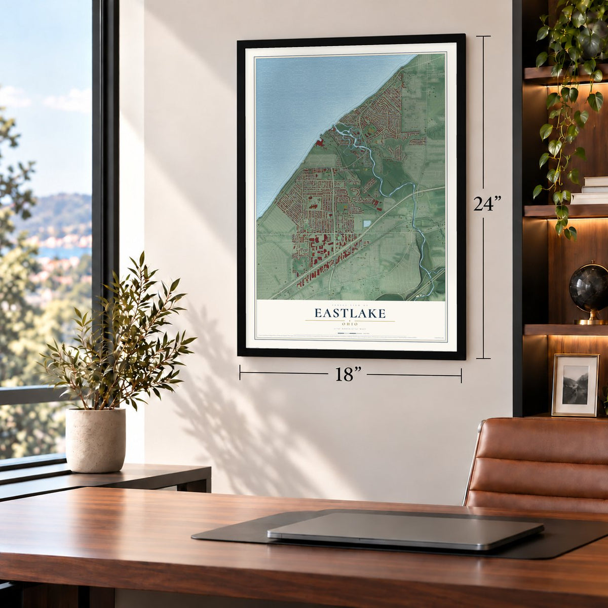 Eastlake, Ohio map, 18 x 24 inch print in a black frame in a home office