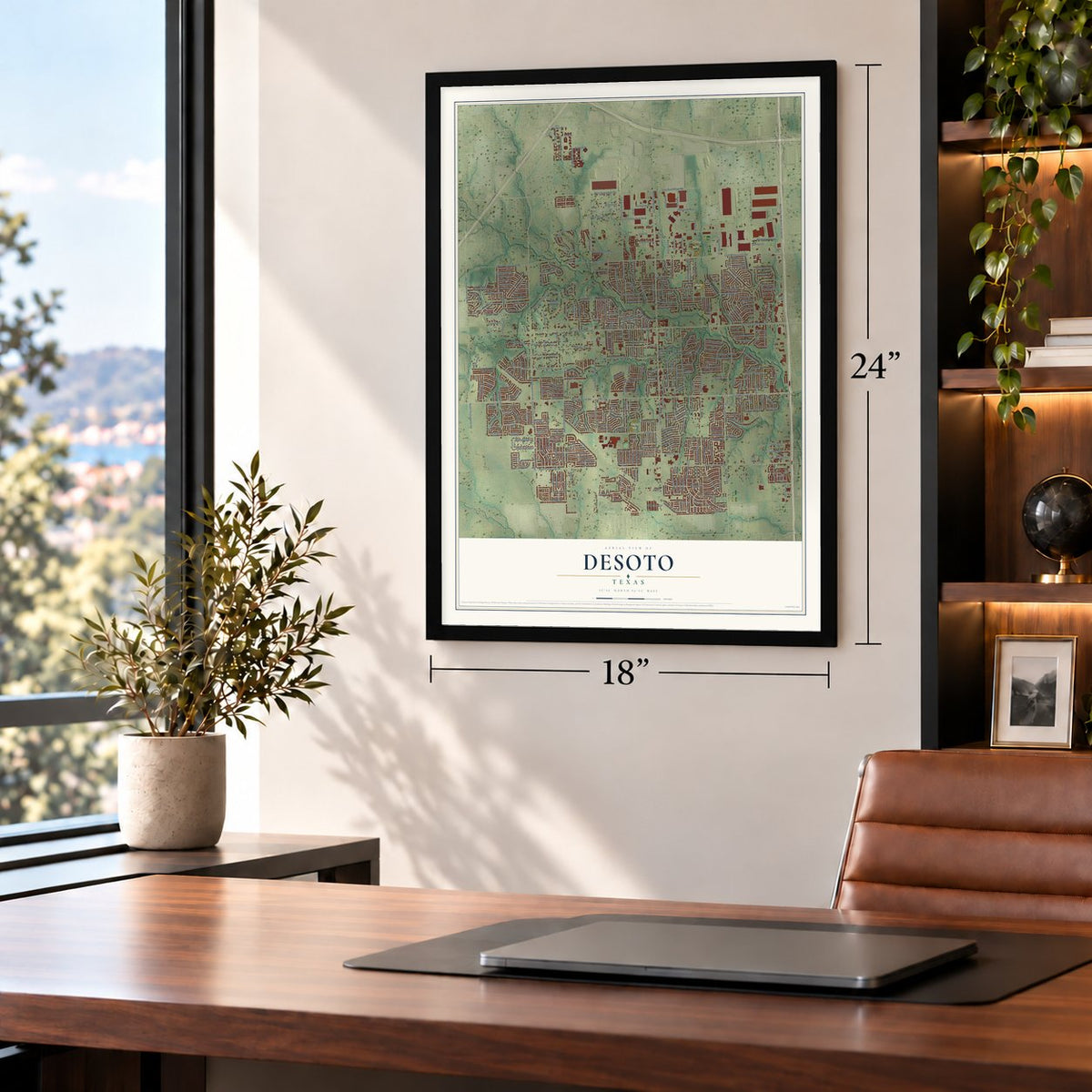 DeSoto, Texas map, 18 x 24 inch print in a black frame in a home office