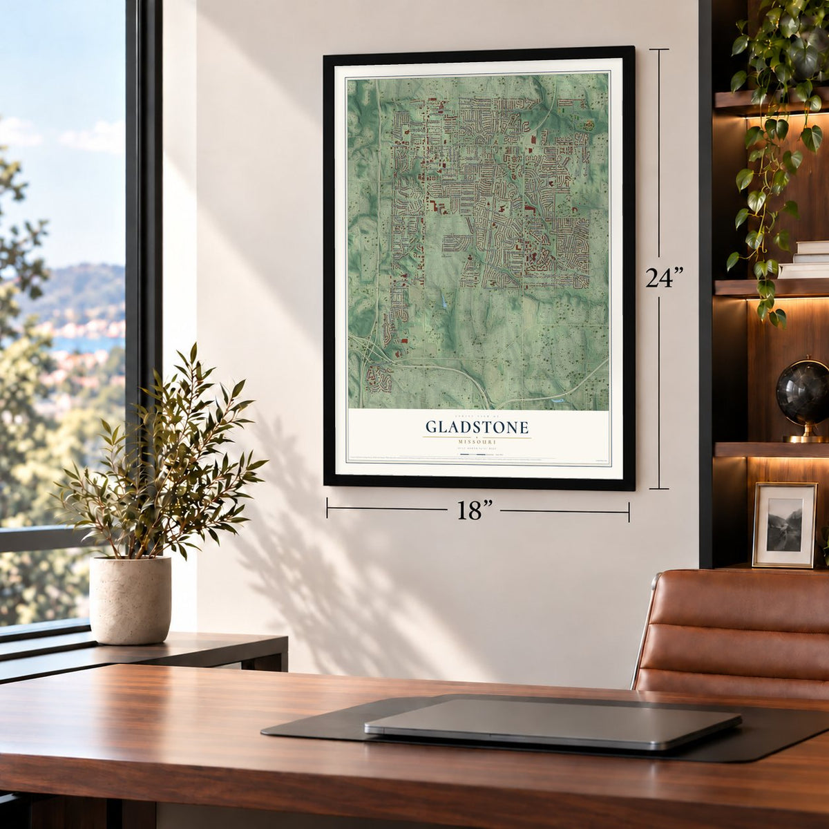 Gladstone, Missouri map, 18 x 24 inch print in a black frame in a home office