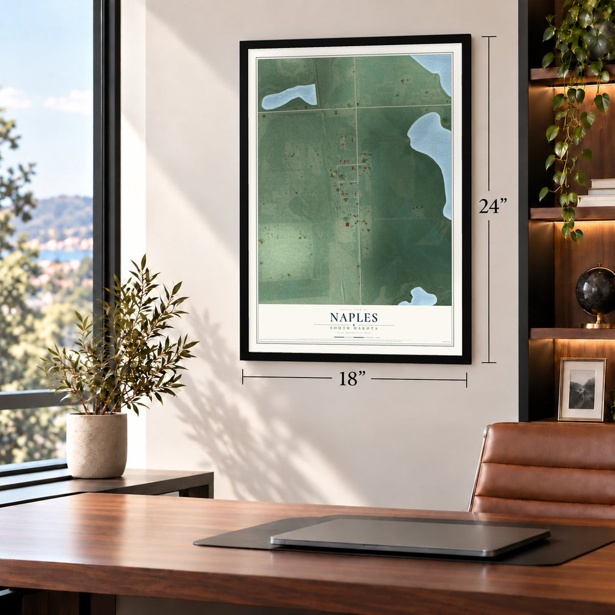 Naples, South Dakota map, 18 x 24 inch print in a black frame in a home office