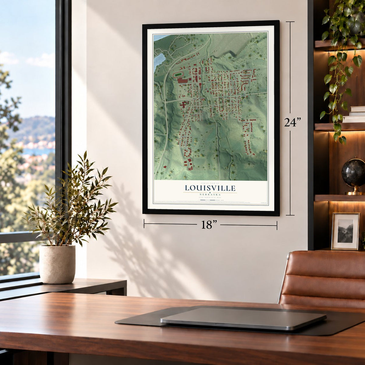 Louisville, Nebraska map, 18 x 24 inch print in a black frame in a home office