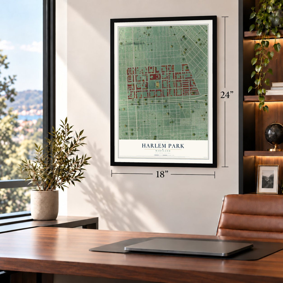 Harlem Park, Maryland map, 18 x 24 inch print in a black frame in a home office