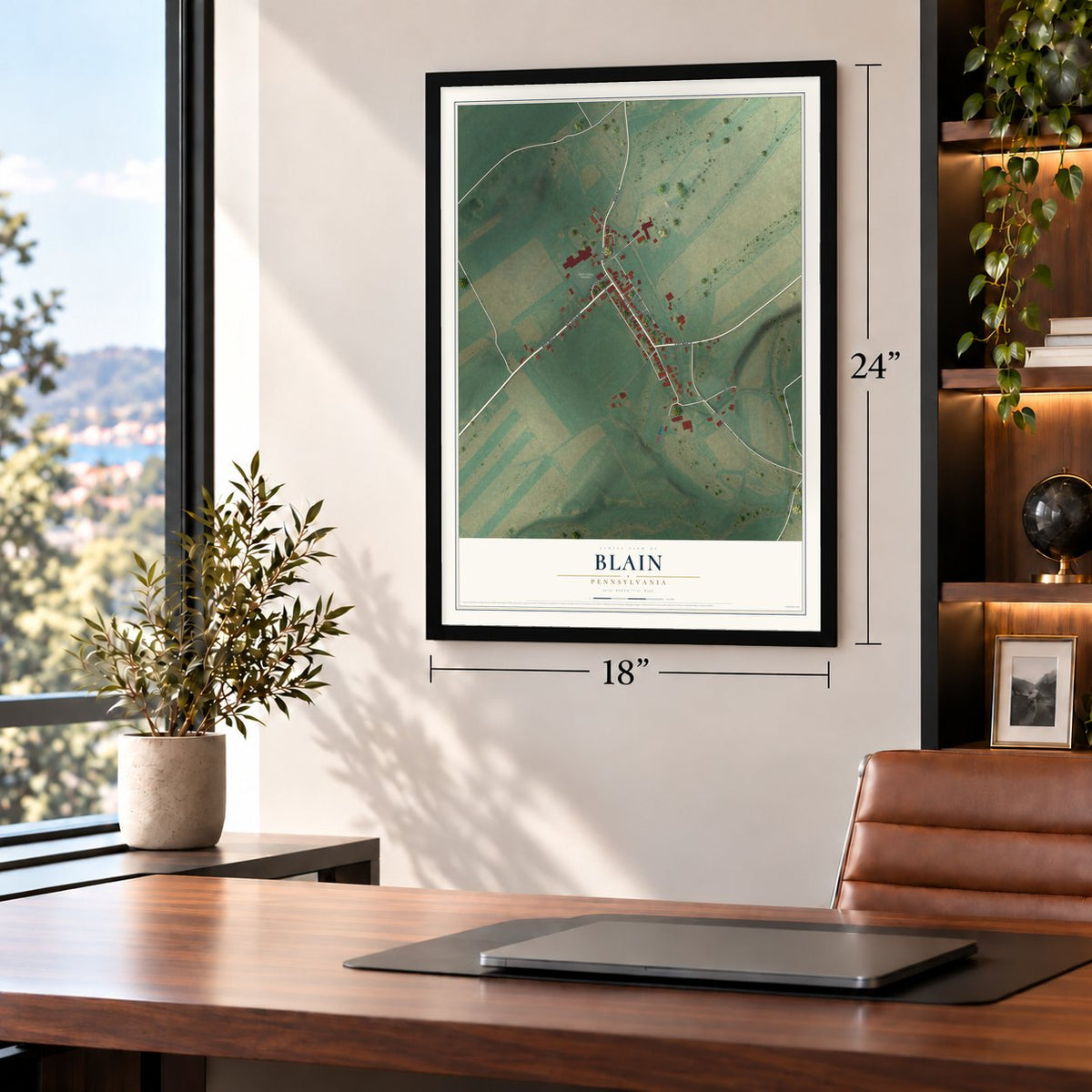 Blain, Pennsylvania map, 18 x 24 inch print in a black frame in a home office