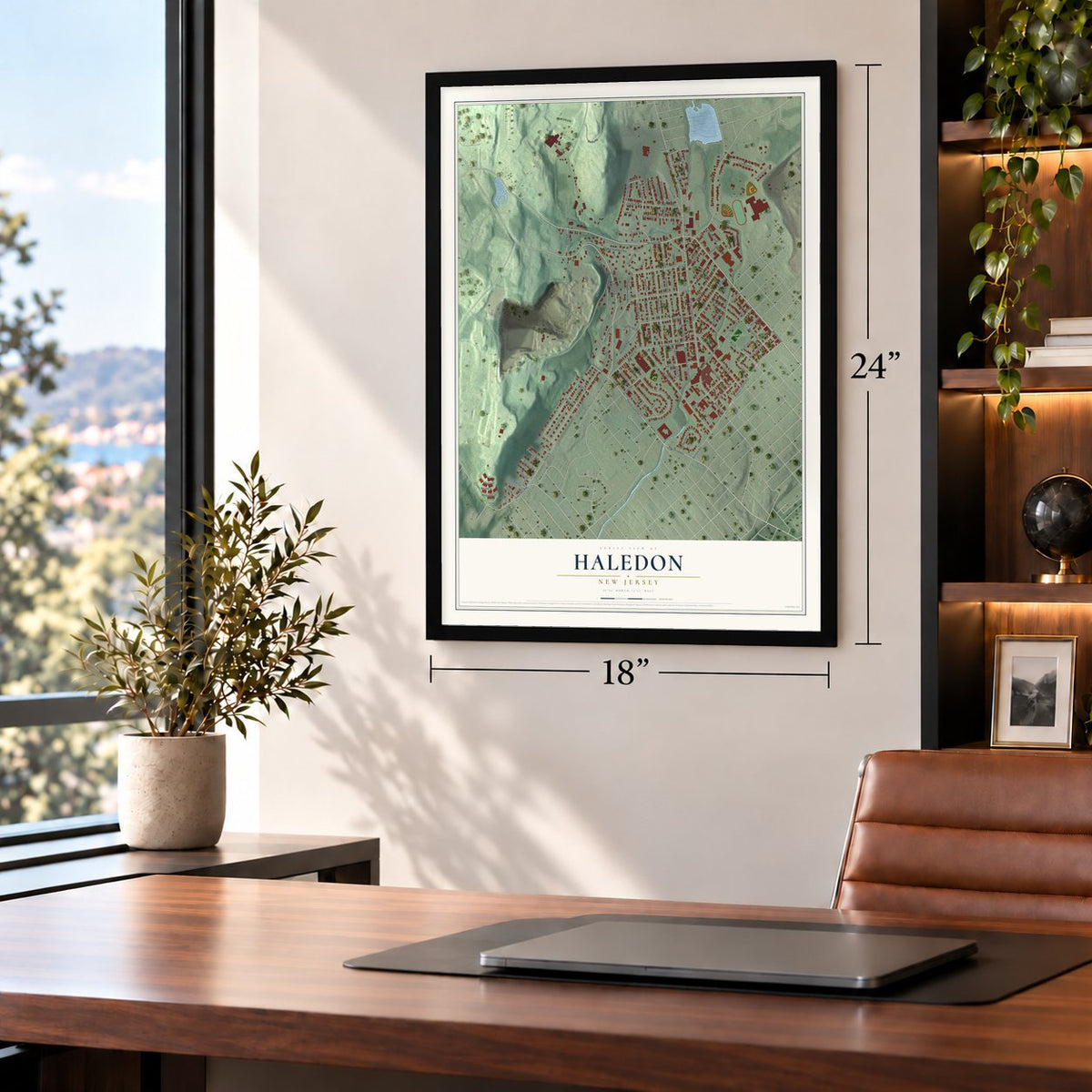 Haledon, New Jersey map, 18 x 24 inch print in a black frame in a home office
