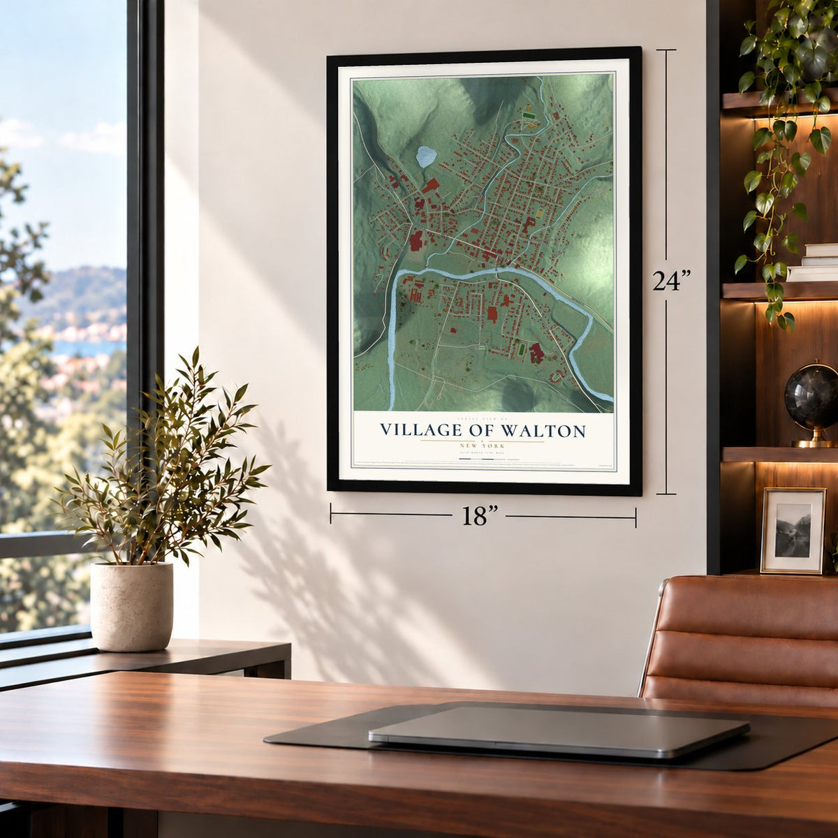 Village of Walton, New York map, 18 x 24 inch print in a black frame in a home office