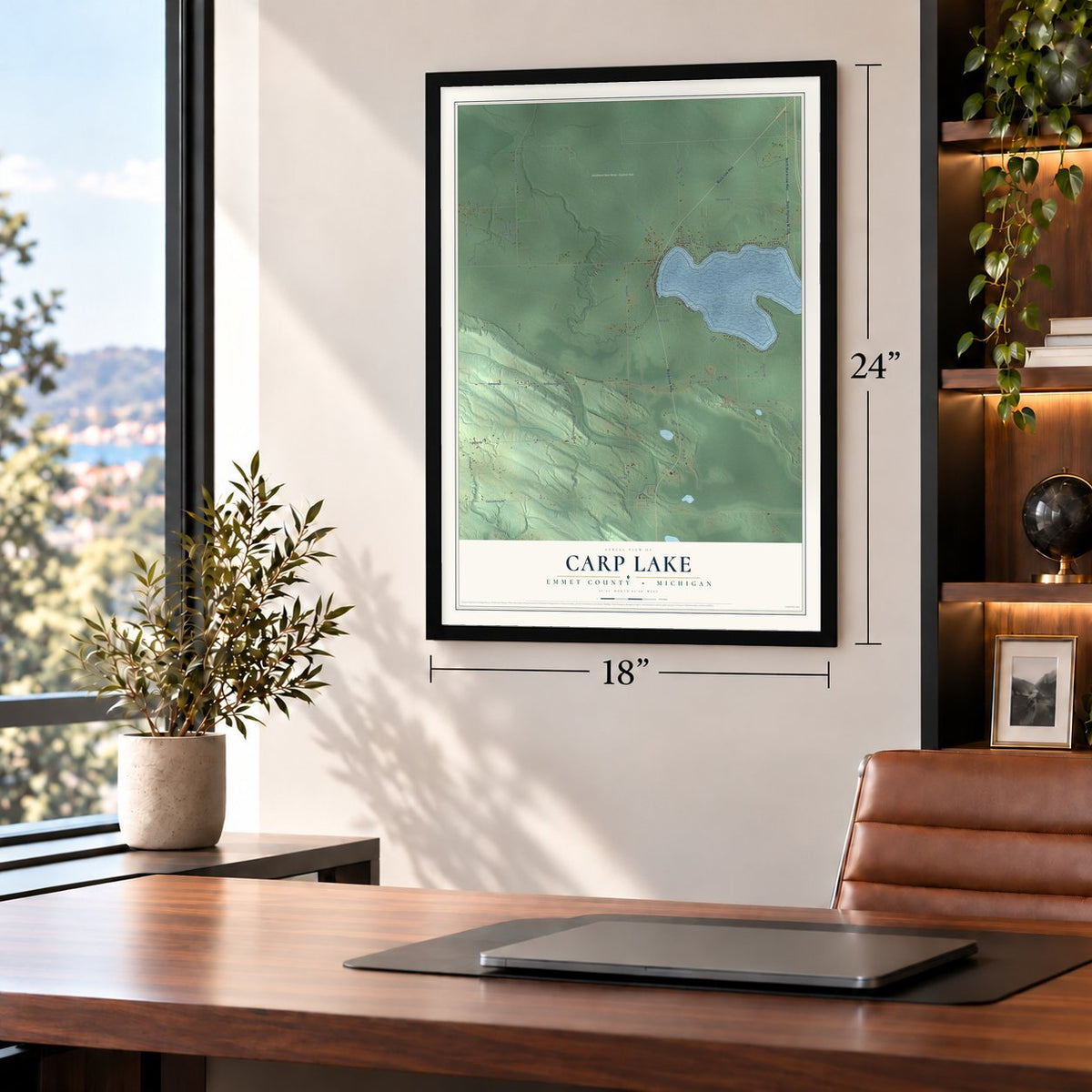 Carp Lake, Emmet County, Michigan map, 18 x 24 inch print in a black frame in a home office