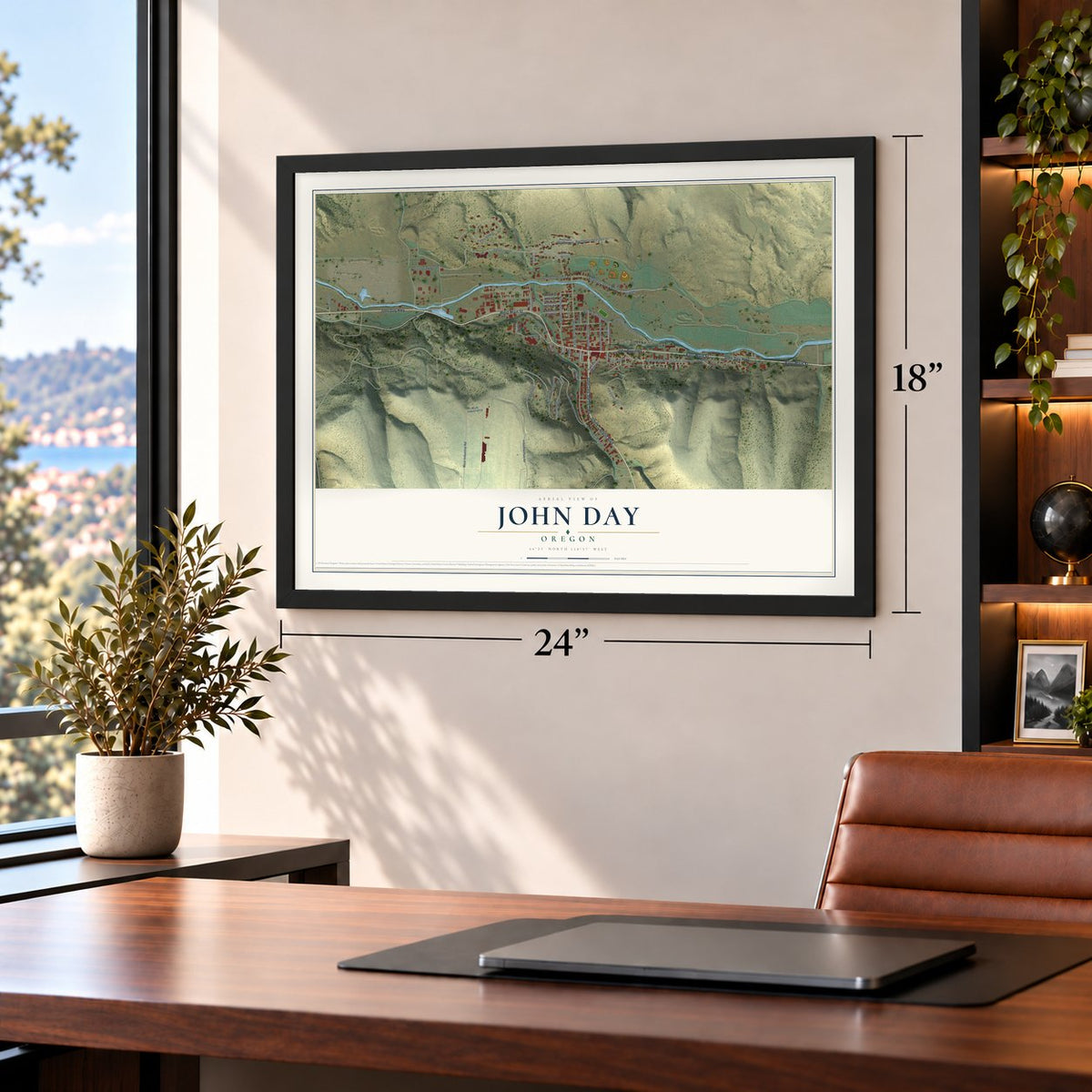 John Day, Oregon map, 18 x 24 inch print in a black frame in a home office