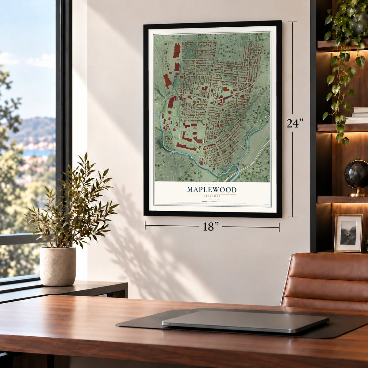 Maplewood, Missouri map, 18 x 24 inch print in a black frame in a home office