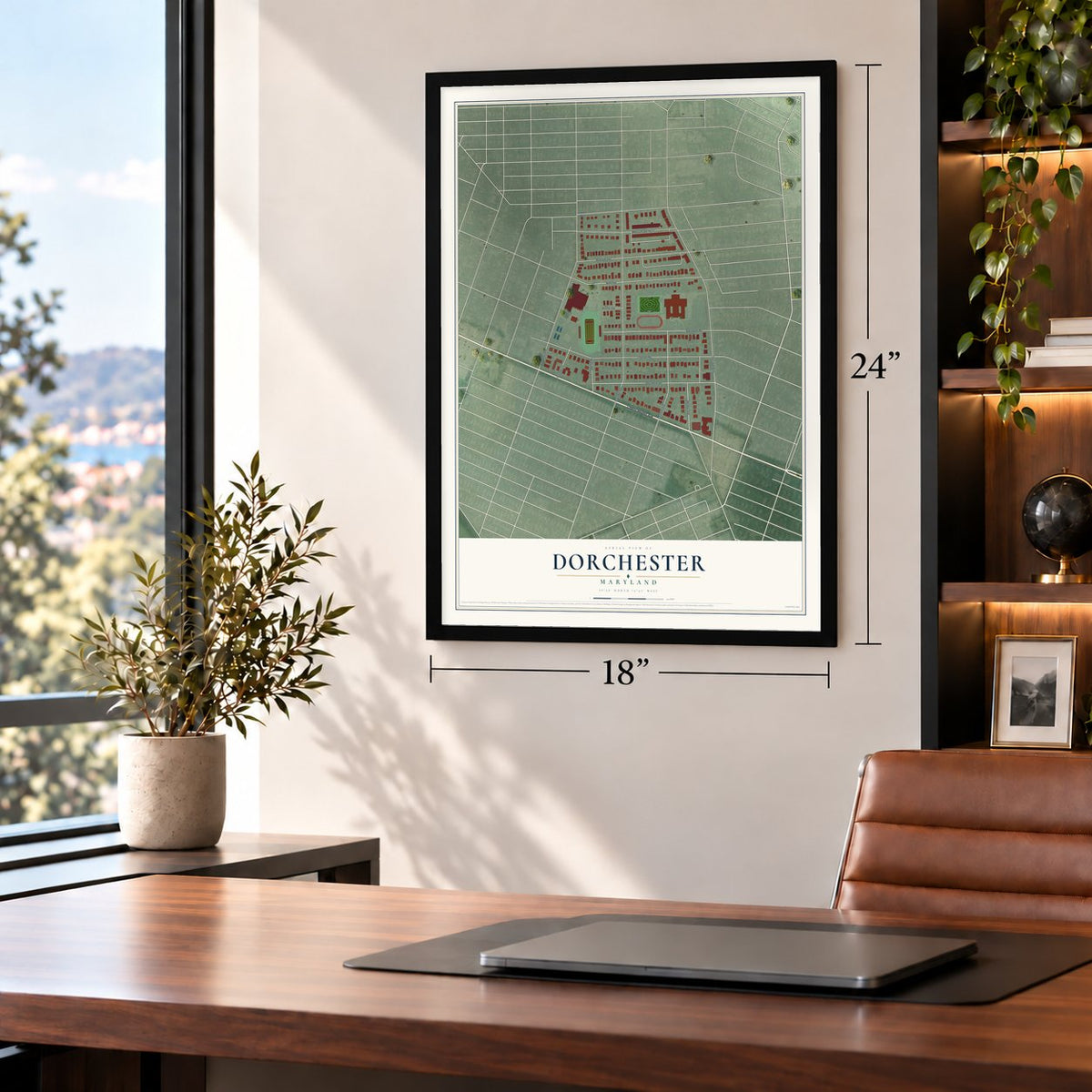 Dorchester, Maryland map, 18 x 24 inch print in a black frame in a home office
