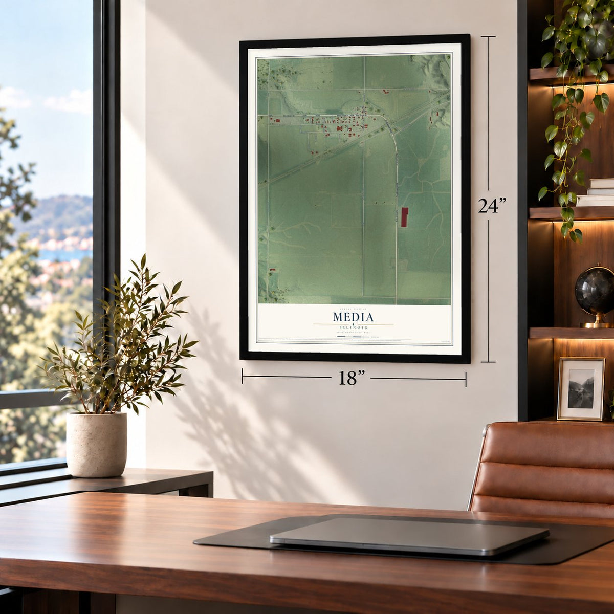 Media, Illinois map, 18 x 24 inch print in a black frame in a home office