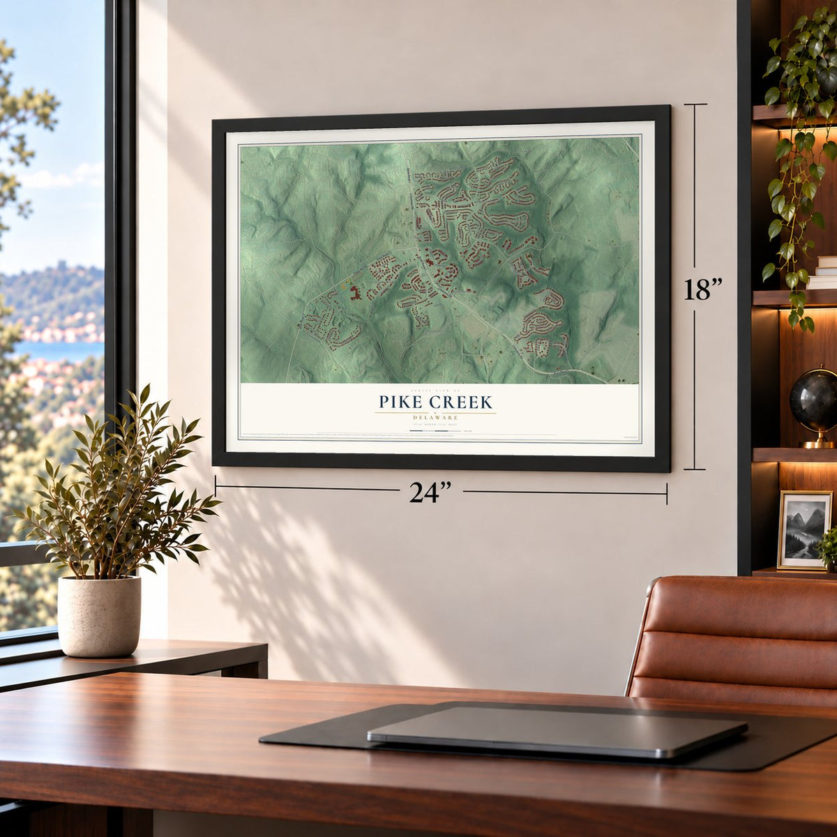 Pike Creek, Delaware map, 18 x 24 inch print in a black frame in a home office