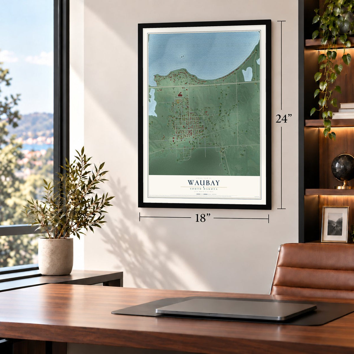 Waubay, South Dakota map, 18 x 24 inch print in a black frame in a home office
