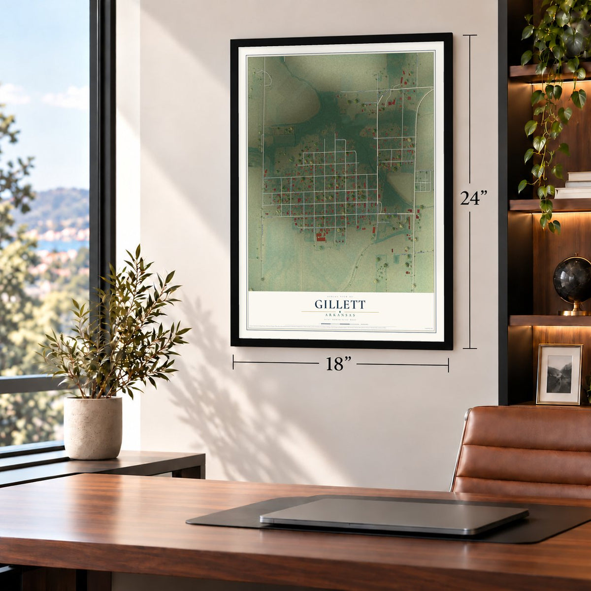 Gillett, Arkansas map, 18 x 24 inch print in a black frame in a home office