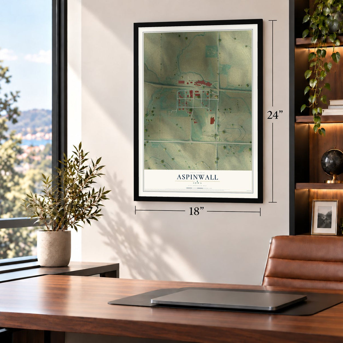 Aspinwall, Iowa map, 18 x 24 inch print in a black frame in a home office