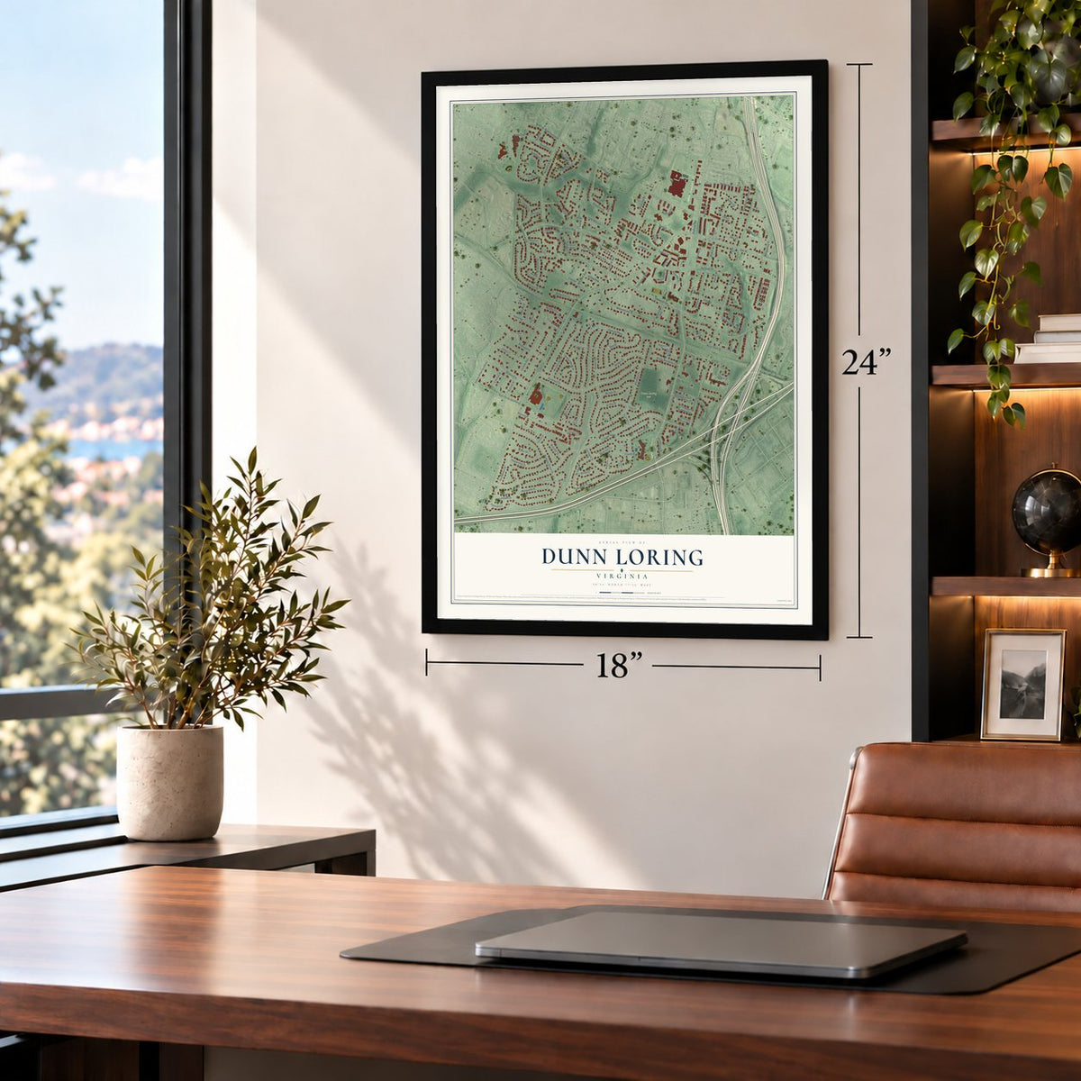 Dunn Loring, Virginia map, 18 x 24 inch print in a black frame in a home office
