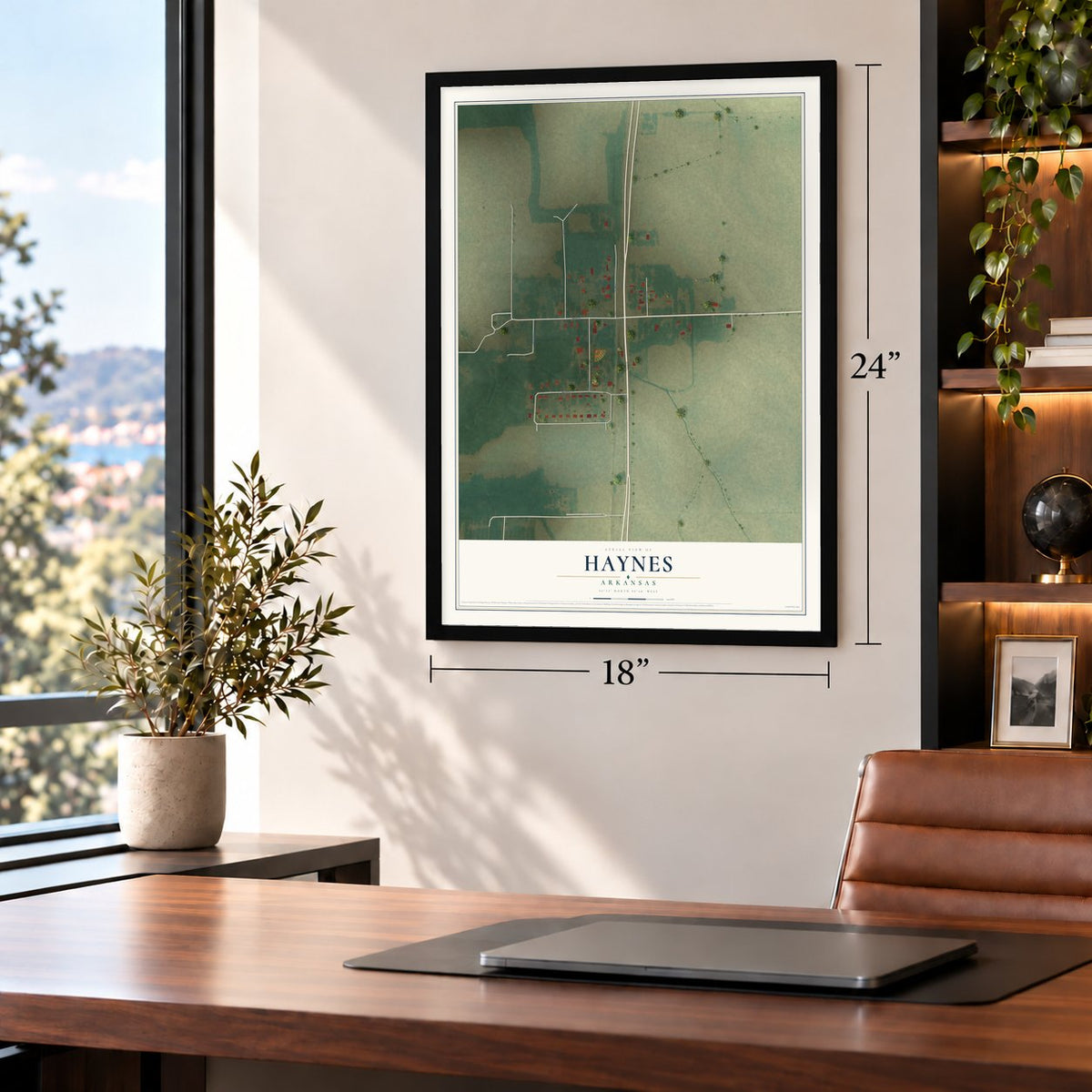Haynes, Arkansas map, 18 x 24 inch print in a black frame in a home office