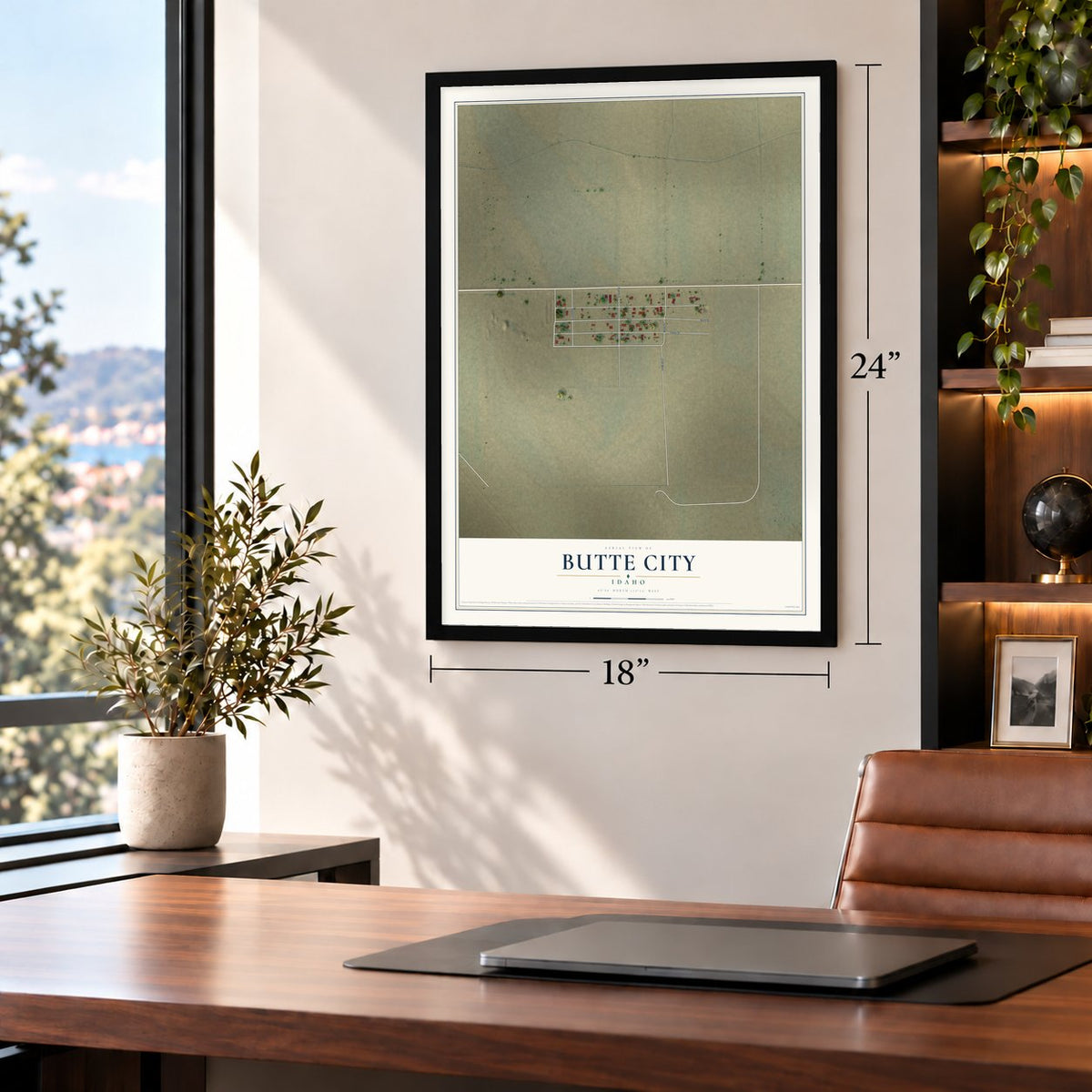 Butte City, Idaho map, 18 x 24 inch print in a black frame in a home office
