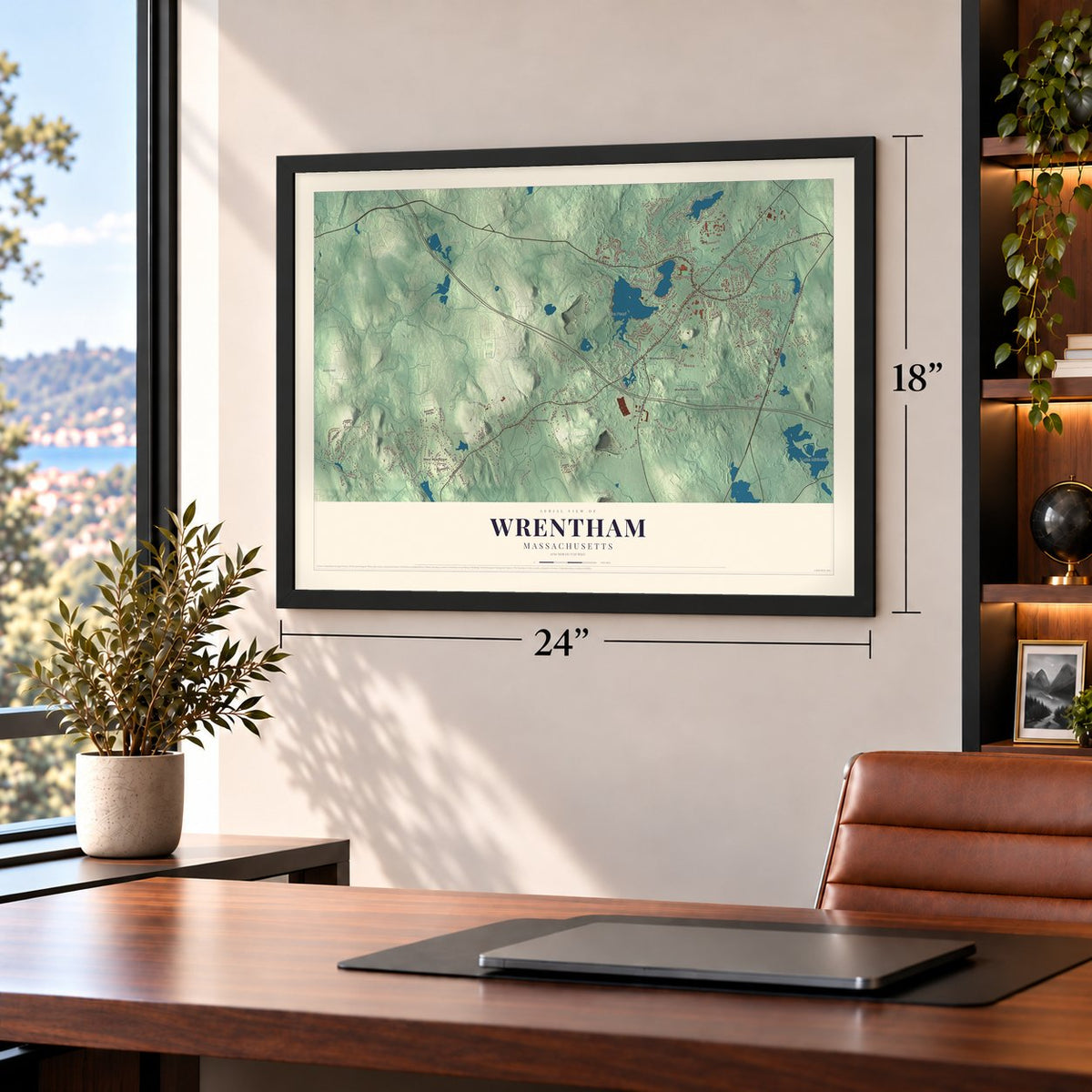 Wrentham, Massachusetts map, 18 x 24 inch print in a black frame in a home office