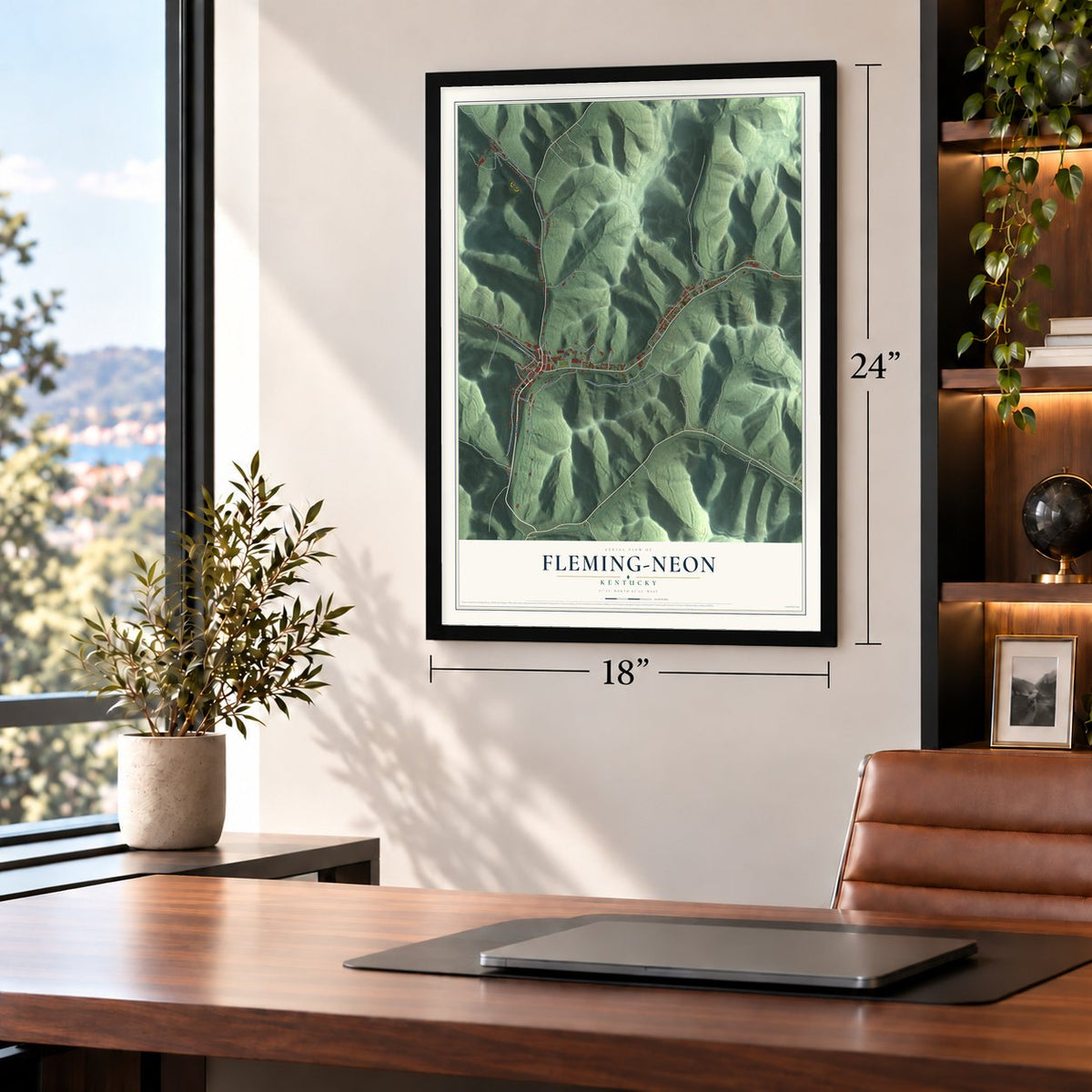Fleming-Neon, Kentucky map, 18 x 24 inch print in a black frame in a home office