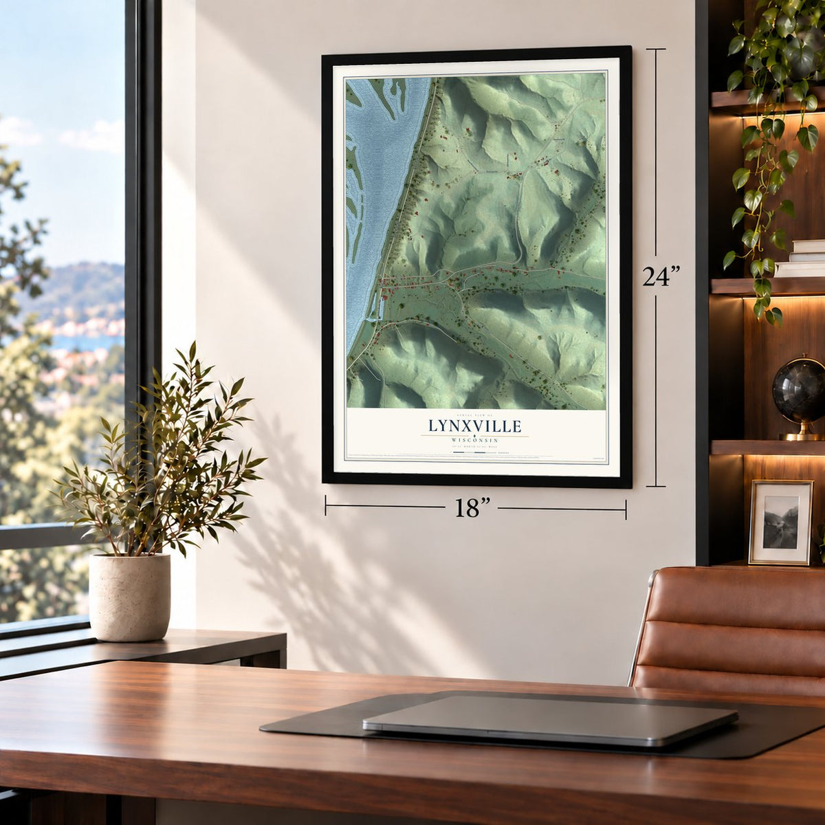 Lynxville, Wisconsin map, 18 x 24 inch print in a black frame in a home office