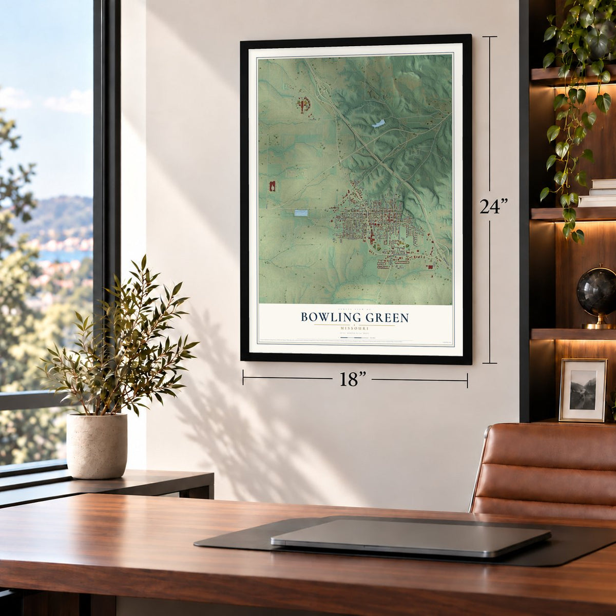 Bowling Green, Missouri map, 18 x 24 inch print in a black frame in a home office