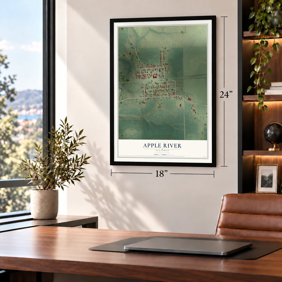 Apple River, Illinois map, 18 x 24 inch print in a black frame in a home office