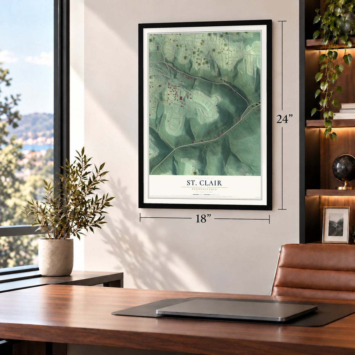 St. Clair, Pennsylvania map, 18 x 24 inch print in a black frame in a home office