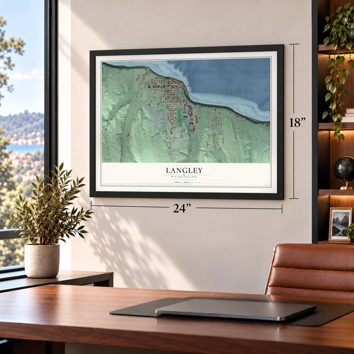 Langley, Washington map, 18 x 24 inch print in a black frame in a home office