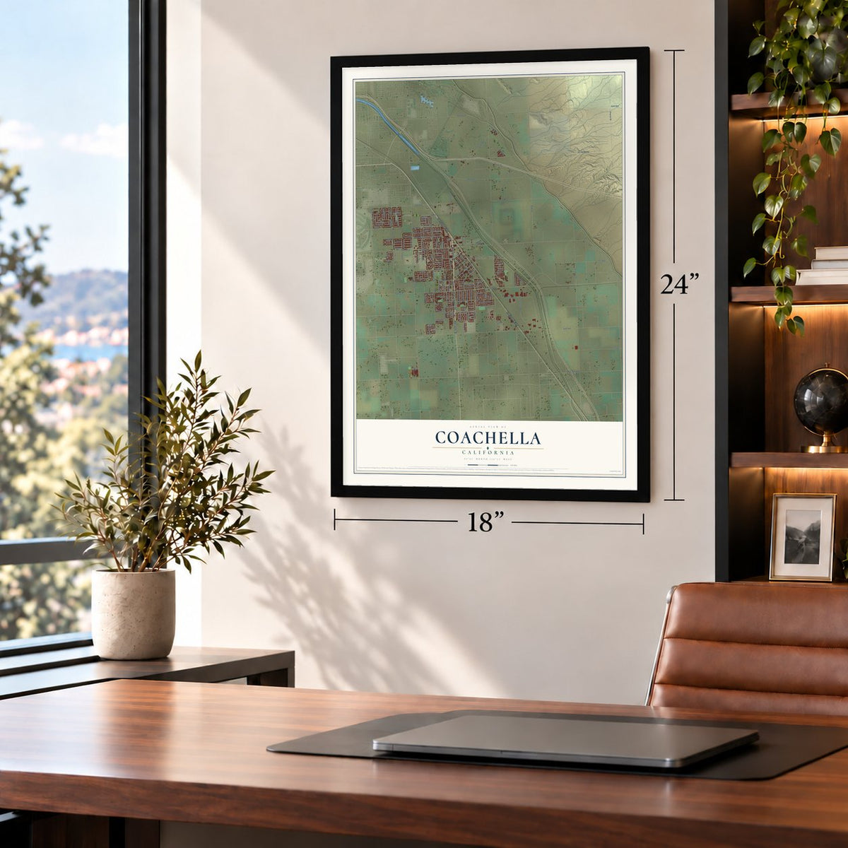 Coachella, California map, 18 x 24 inch print in a black frame in a home office