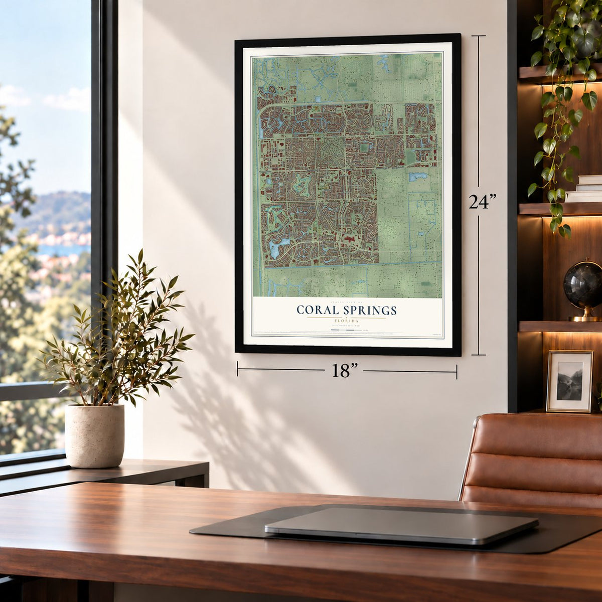 Coral Springs, Florida map, 18 x 24 inch print in a black frame in a home office