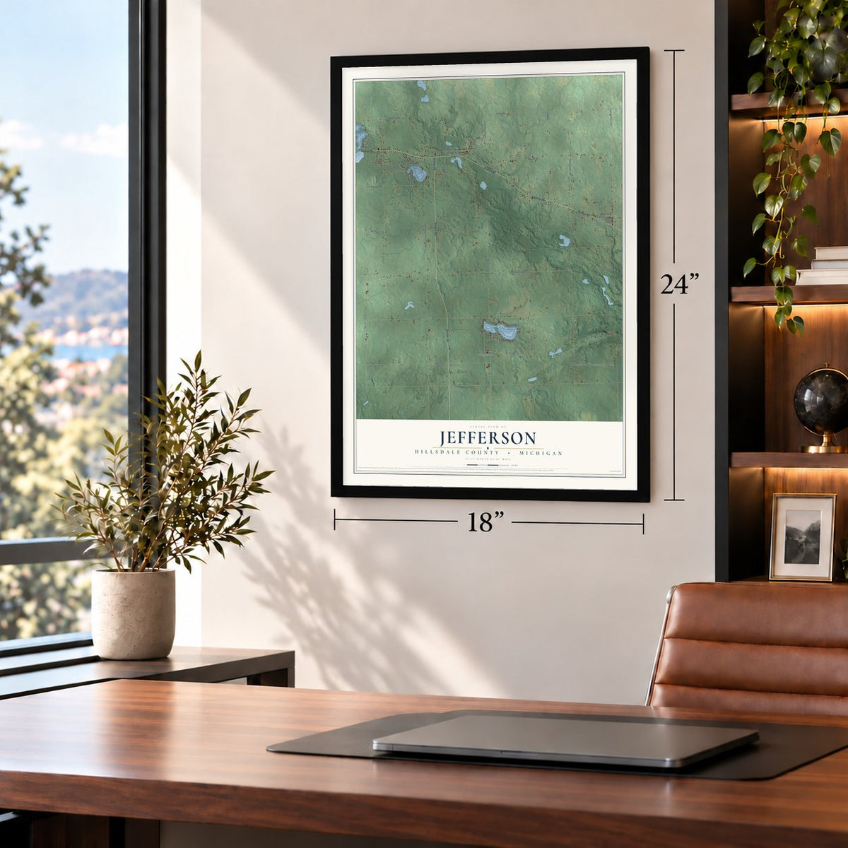 Jefferson, Hillsdale County, Michigan map, 18 x 24 inch print in a black frame in a home office