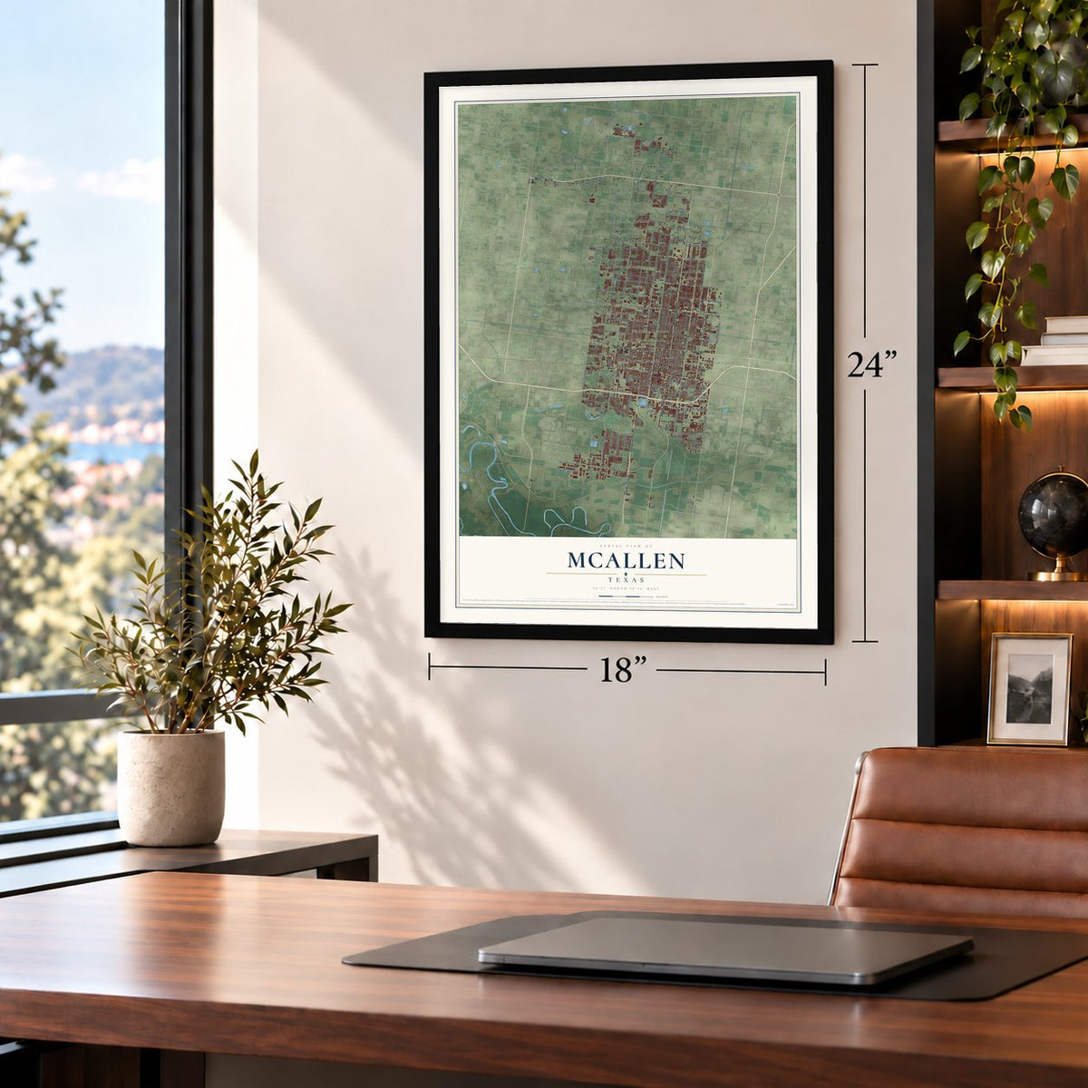 McAllen, Texas map, 18 x 24 inch print in a black frame in a home office
