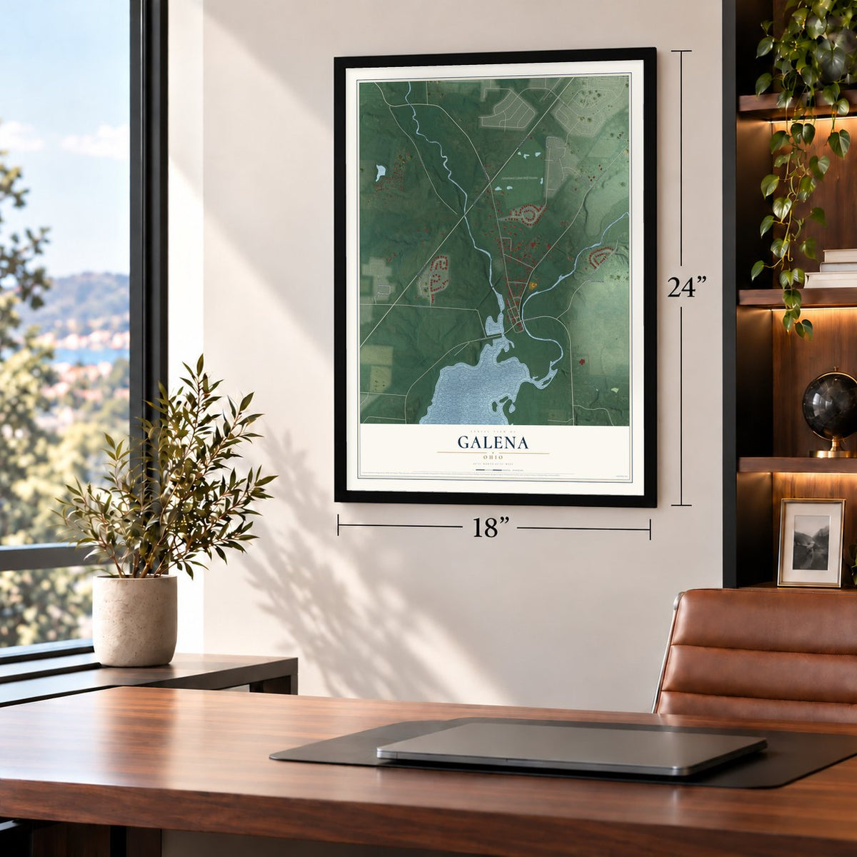 Galena, Ohio map, 18 x 24 inch print in a black frame in a home office