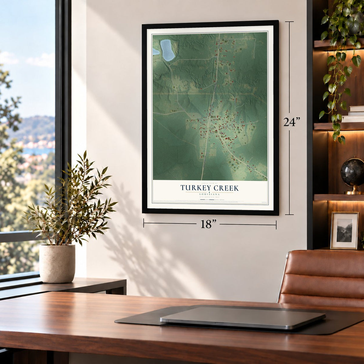 Turkey Creek, Louisiana map, 18 x 24 inch print in a black frame in a home office