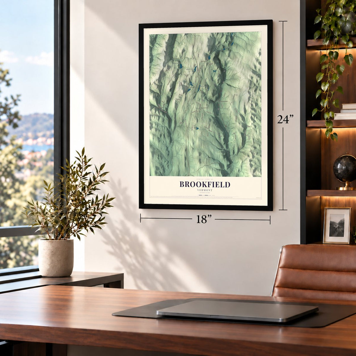 Brookfield, Vermont map, 18 x 24 inch print in a black frame in a home office