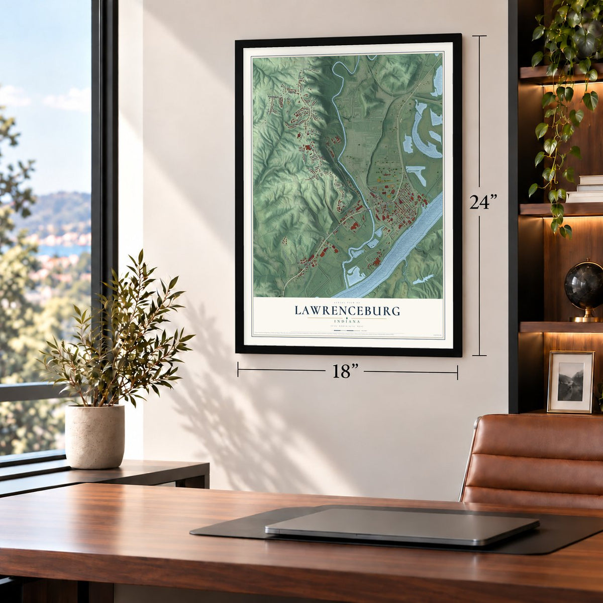Lawrenceburg, Indiana map, 18 x 24 inch print in a black frame in a home office